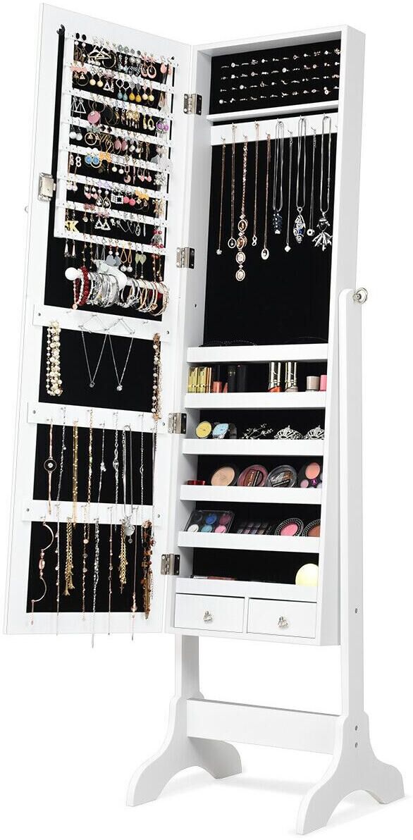 Sugift Lockable Mirrored Jewelry Cabinet Armoire Storage Organizer Box-White - Open White