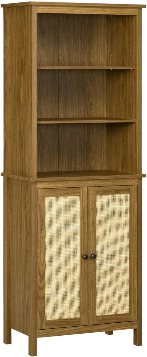 Homcom Rustic Bookshelf with Cabinet & Rattan, Tall Bookshelf Library, Wooden Bookcase with Doors and Shelves, Study Living Room Home Office, Walnut -