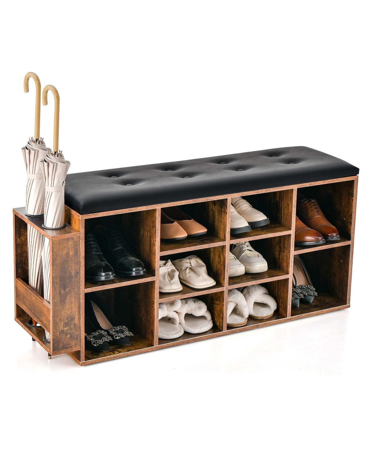 Costway Wooden Shoe Bench 10-Cube Storage Organizer with Padded Cushion & Umbrella Holder - Brown