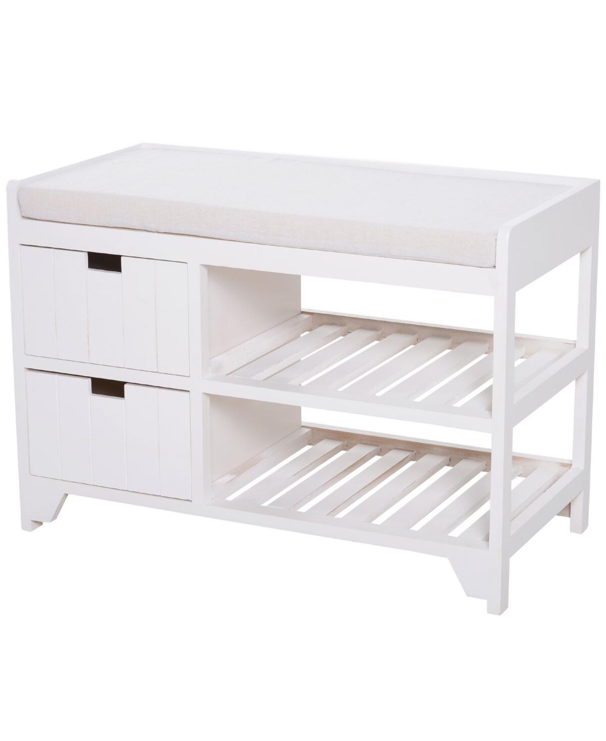 Homcom Shoe Cabinet, Wooden Storage Bench with Cushion, Entryway Rack with Drawers, Open Shelves, Country White - White