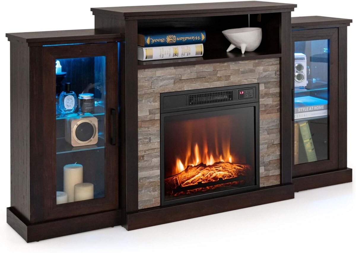 Costway Fireplace Tv Stand with Led Lights & Electric Fireplace For 65