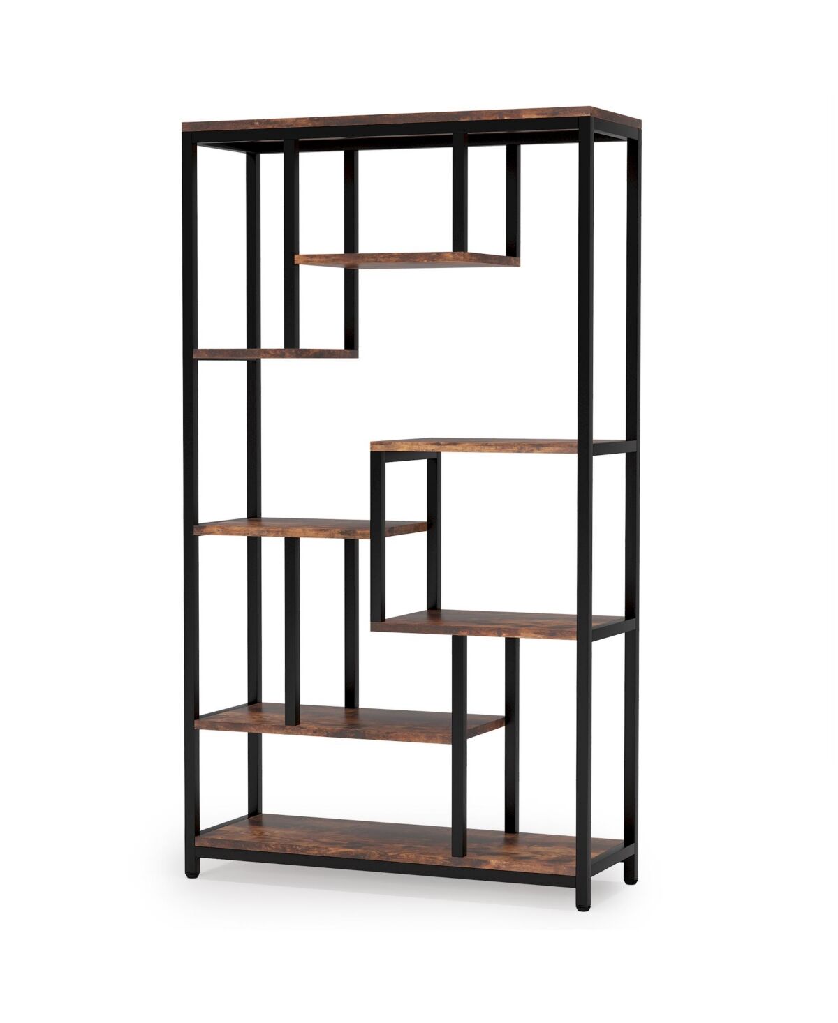 Tribesigns Tribe signs 8-Shelves Staggered Bookshelf, Industrial 70.8-inch Tall Bookshelf Bookcase for Home Office, Rustic Brown - Brown