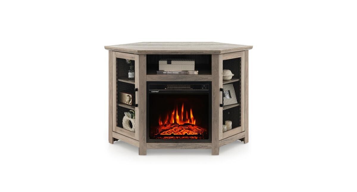 Slickblue Corner Tv Stand with 18 Inch Electric Fireplace for TVs up to 50 Inch - Grey