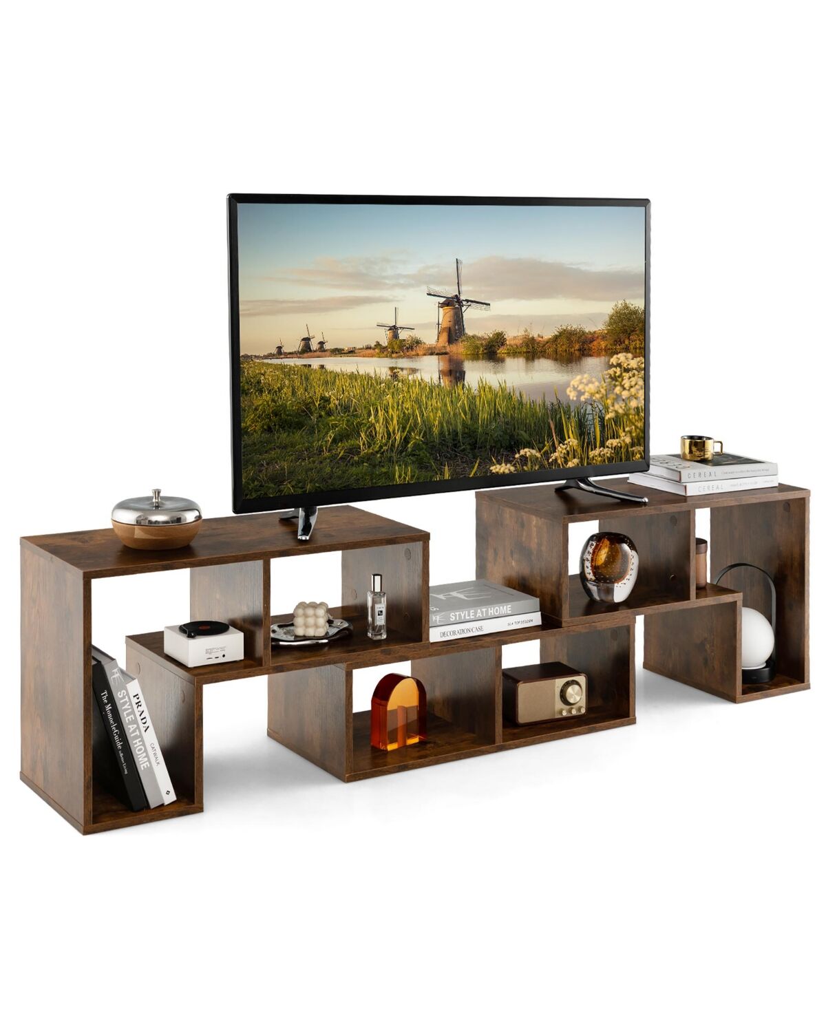 Costway 3 Pieces Tv Console Stand Modern Entertainment Center Storage Bookcase - Brown