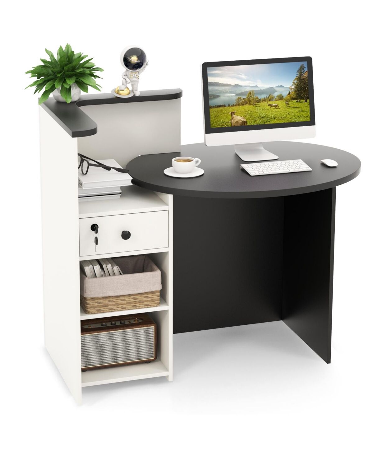 Slickblue Front Reception Office Desk with Open Shelf and Lockable Drawer-Black & White - Black,White