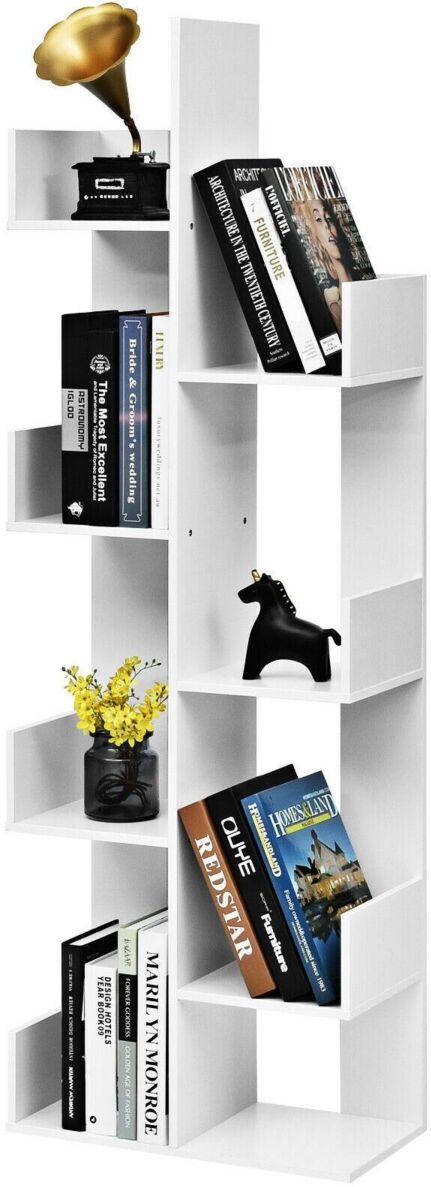 Slickblue 8-Tier Bookshelf Bookcase with 8 Open Compartments Space-Saving Storage Rack - White