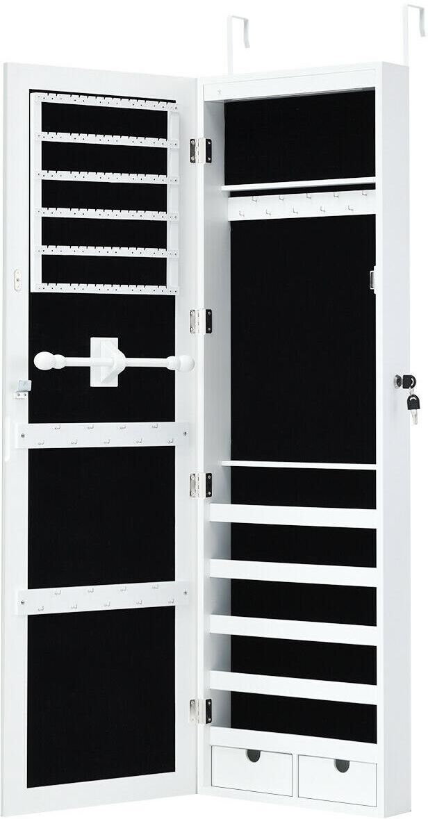 Costway Wall Mounted Mirrored Jewelry Cabinet Organizer w/Led Lights - White