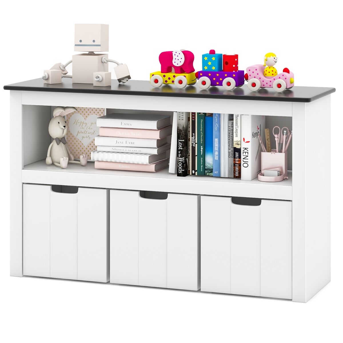 Costway Kids Toy Storage Organizer Wooden Bookshelf with 3 Drawers Hidden Wheel Blackboard - White