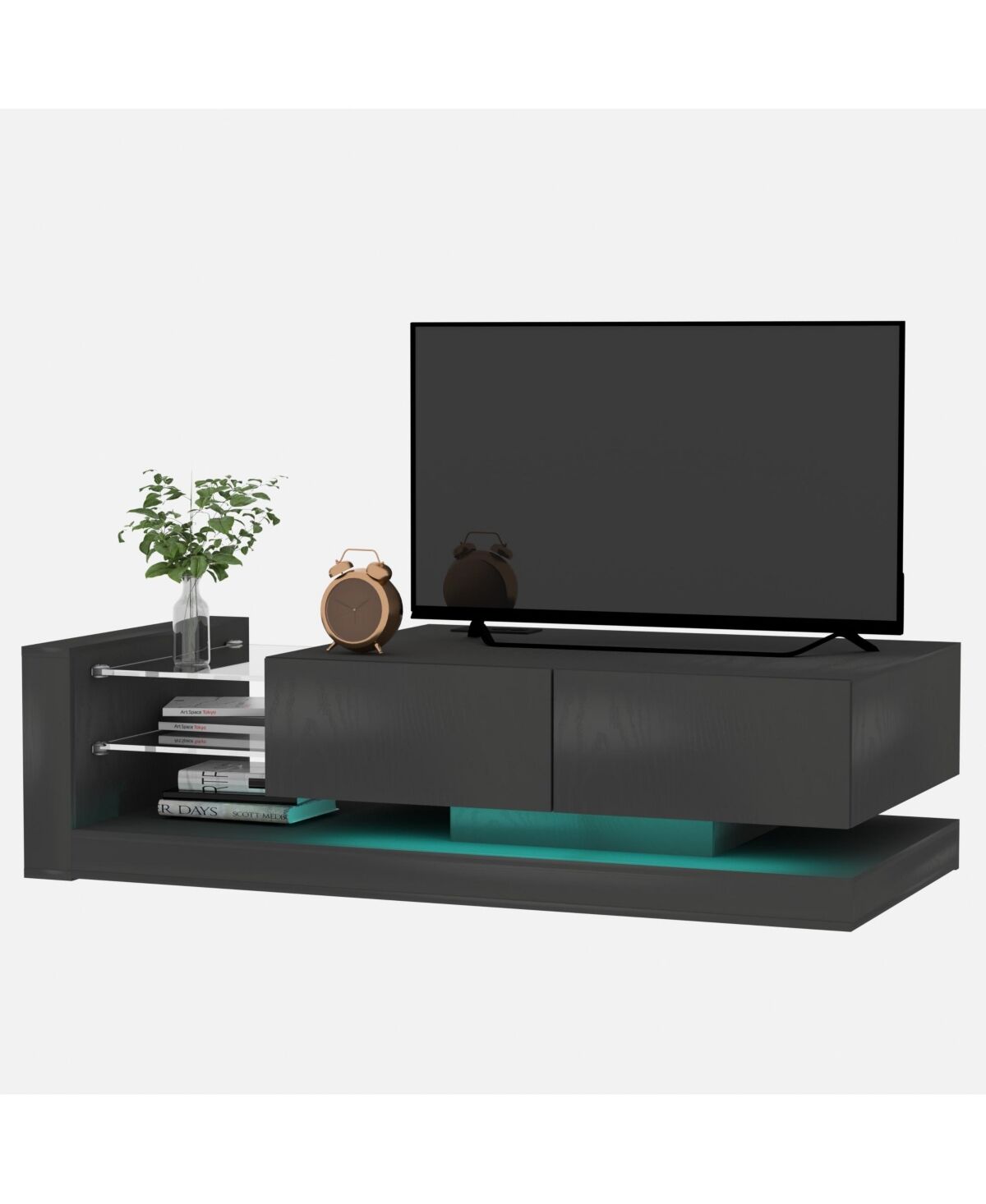 Simplie Fun Tv Console with Storage Cabinets, 16 Color 4 Modes Changing Lights Remote Rgb Led Tv Stand, Modern High Gloss Entertainment Center (Black,