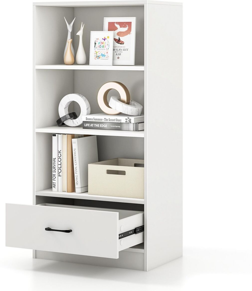 Costway 4-Tier Bookcase 48'' Display Bookshelf Storage Organizer with Shelves & Drawer - White