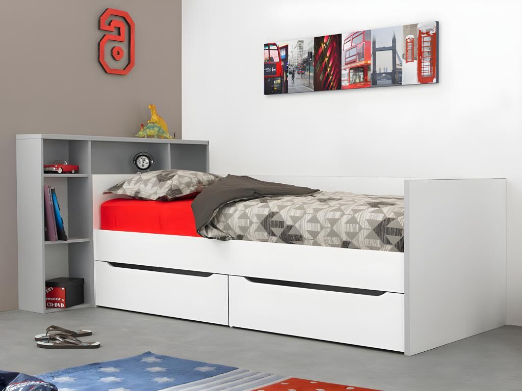 Vente-unique.be Lit + tête de lit OSCAR avec rangements et tiroirs - 90 x 200 cm - Blanc et gris