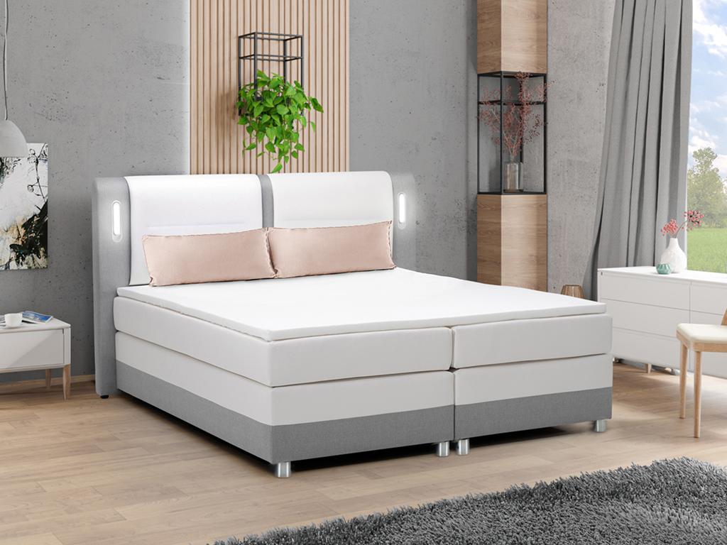 DREAMEA Ensemble boxspring complet tête de lit avec Leds + sommiers + matelas + surmatelas RIMINI de DREAMEA - 160 x 200 cm - tissu et simili - Gris et blanc