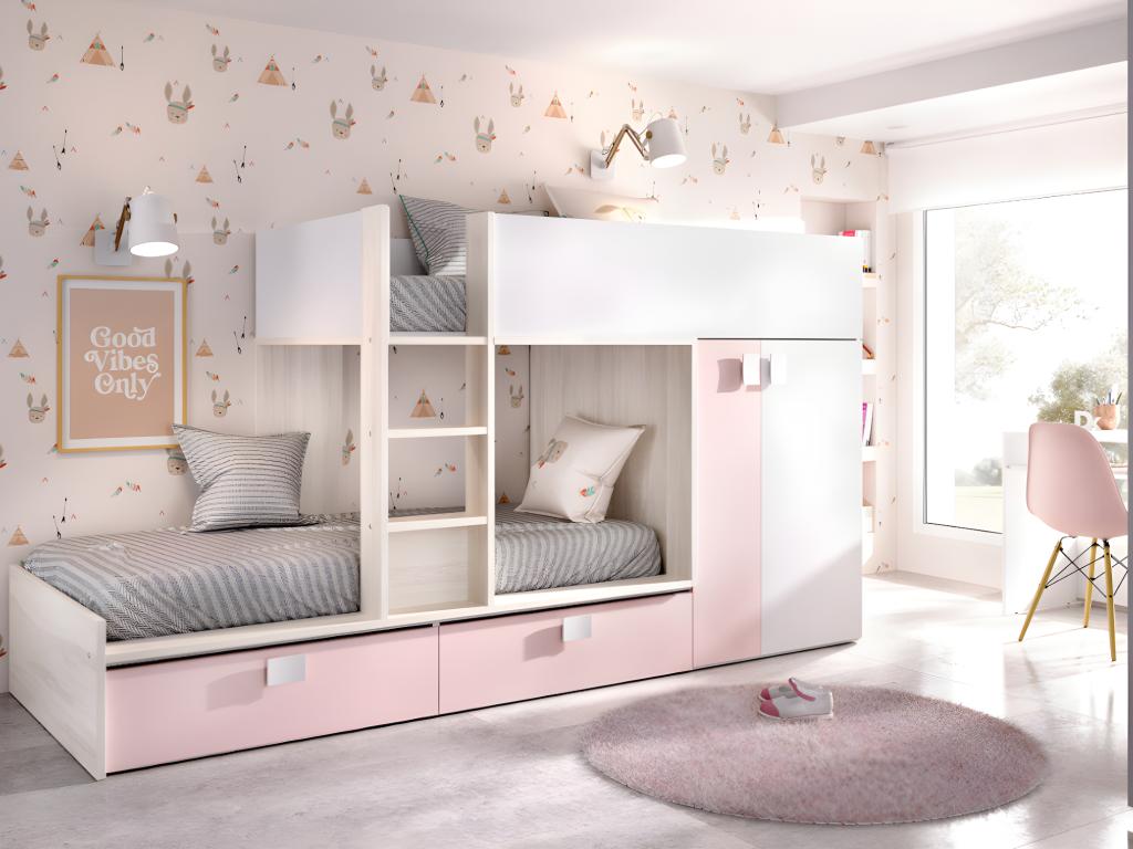 Vente-unique.be Lits Superposés 2 x 90 x 190 cm - Armoire intégrée - Blanc, naturel et rose + matelas - JUANITO