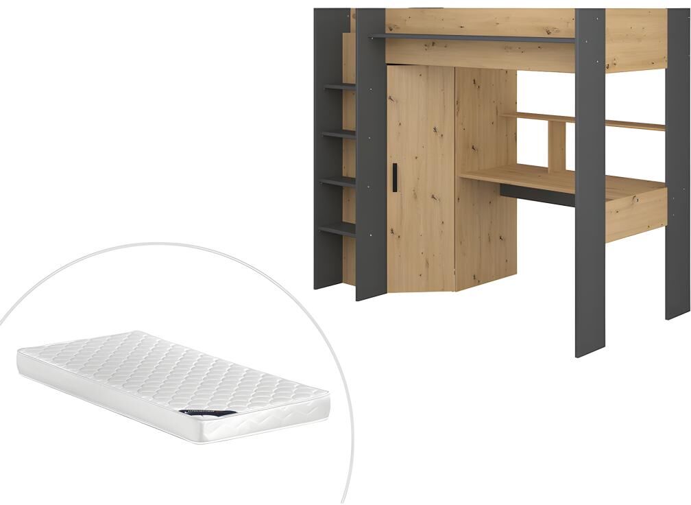 Vente-unique.be Lit mezzanine AUCKLAND avec bureau et armoire - 90 x 200 cm - Chêne et Anthracite + matelas