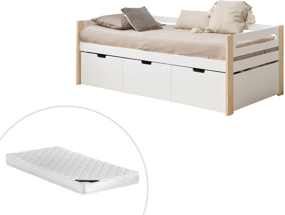 Vente-unique.be Lit avec rangements MALEN - 3 tiroirs - 90 x 190 cm - MDF et Pin - Blanc + matelas