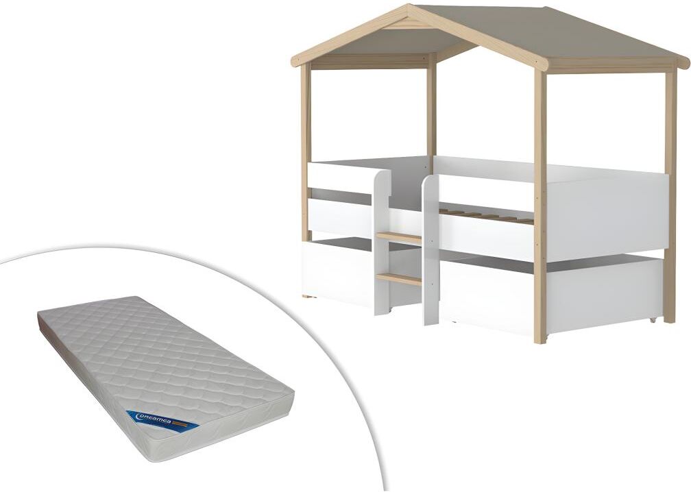 Vente-unique.be Lit cabane SAROSI avec tiroirs - 90 x 190 cm - Tilleul - Blanc et chêne + matelas