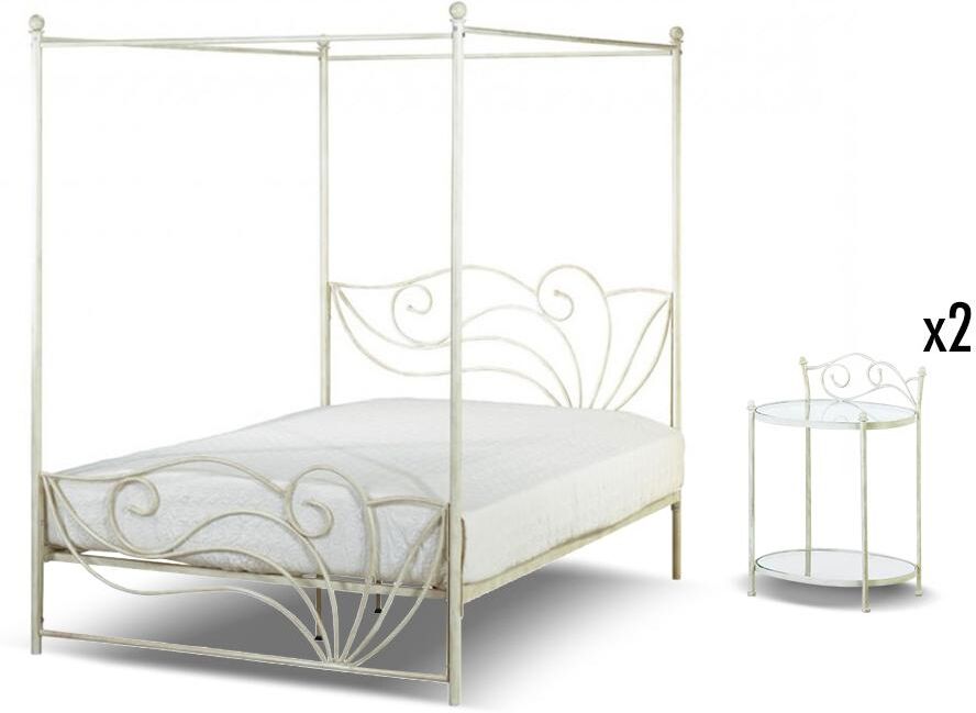 Vente-unique.be Pack CHAMBRE IMPERATRICE - lit à baldaquin 160 x 200 cm et ses 2 chevets - Métal façon fer forgé