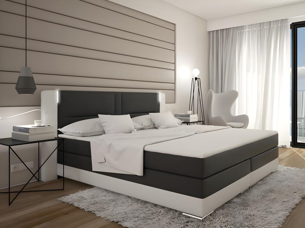 DREAMEA Ensemble boxspring complet tête de lit avec Leds + sommiers + matelas + surmatelas ASTI de DREAMEA - 160 x 200 cm - simili - Blanc et gris