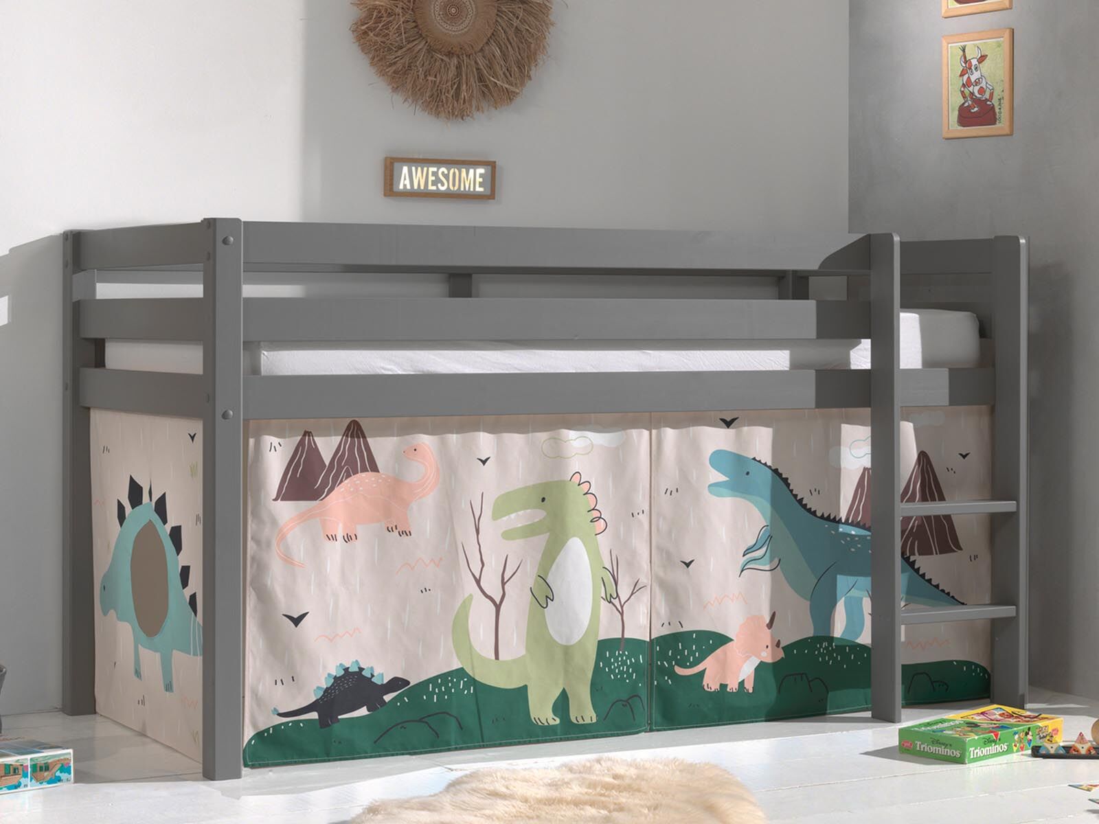 Mobistoxx Lit enfant ALIZE surélevé 90x200 cm pin gris tente Dinosaure