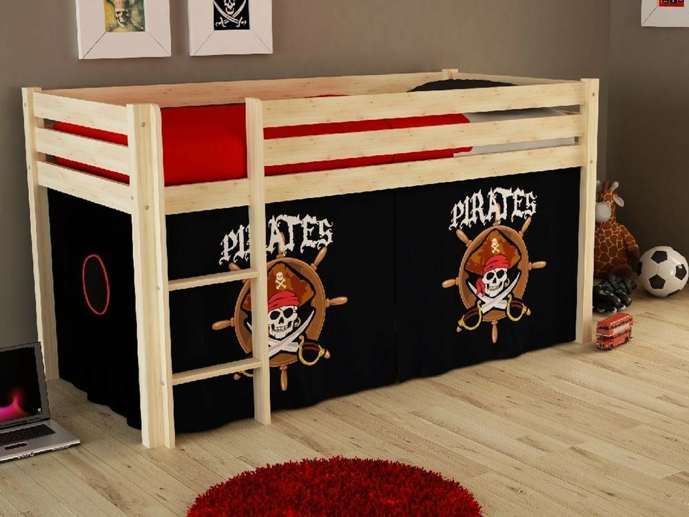 Mobistoxx Lit enfant ALIZE surélevé 90x200 cm pin naturel tente Pirate des Caraïbes