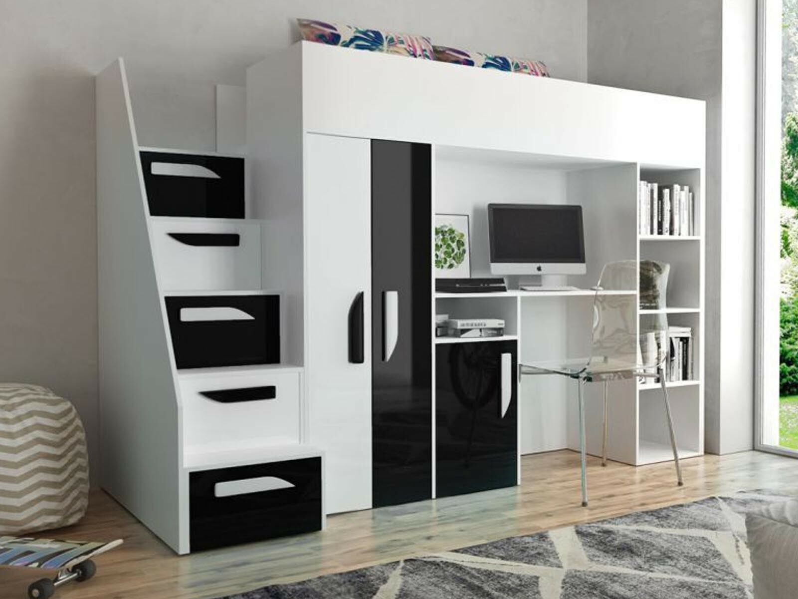 Mobistoxx Lit combiné PARADISIO 90x200 cm blanc/noir brillant avec escalier à gauche