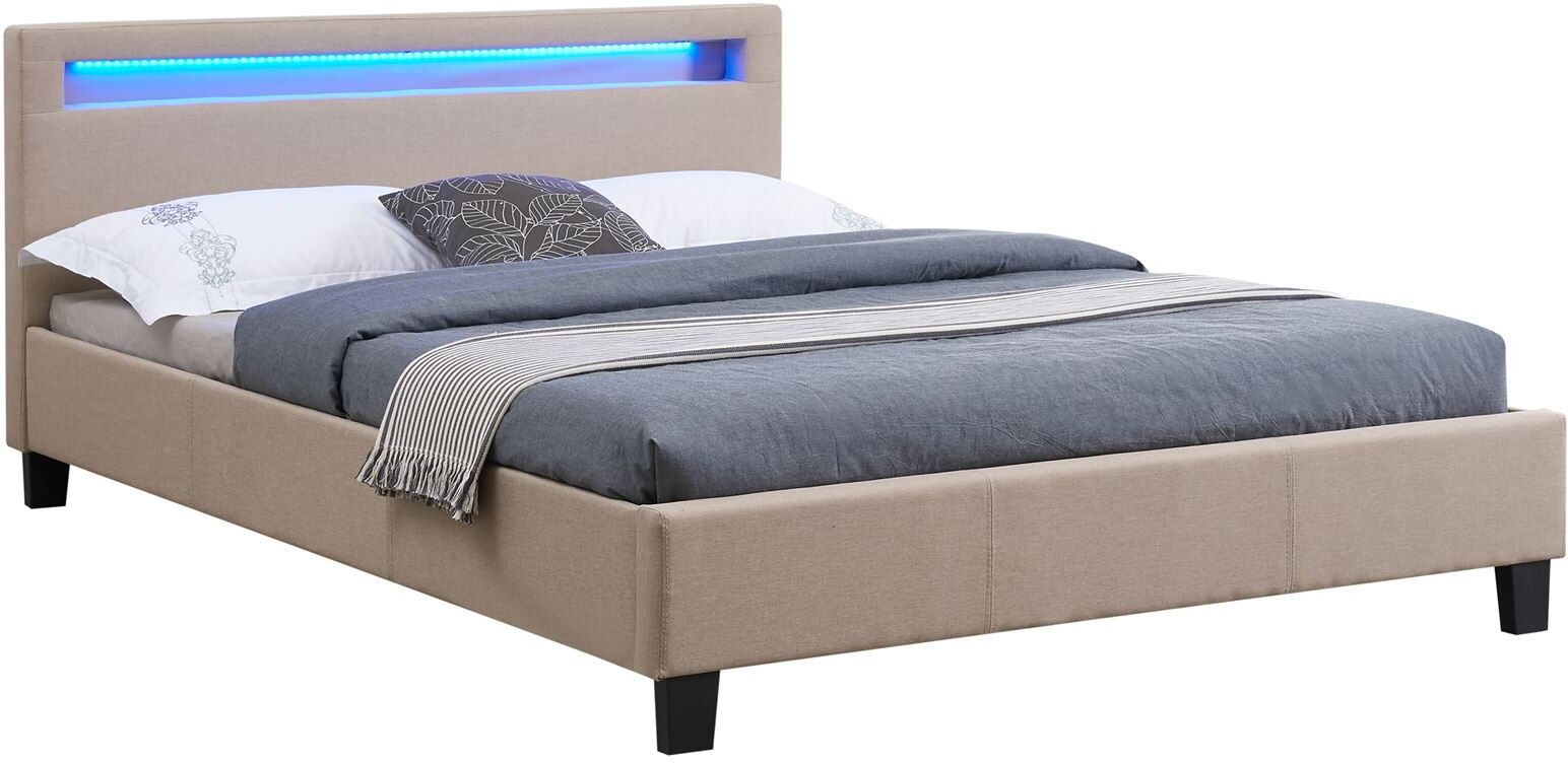 IDIMEX Lit double RIOJA, 140 x 190 cm, avec LED intégrées et sommier, revêtement en tissu beige