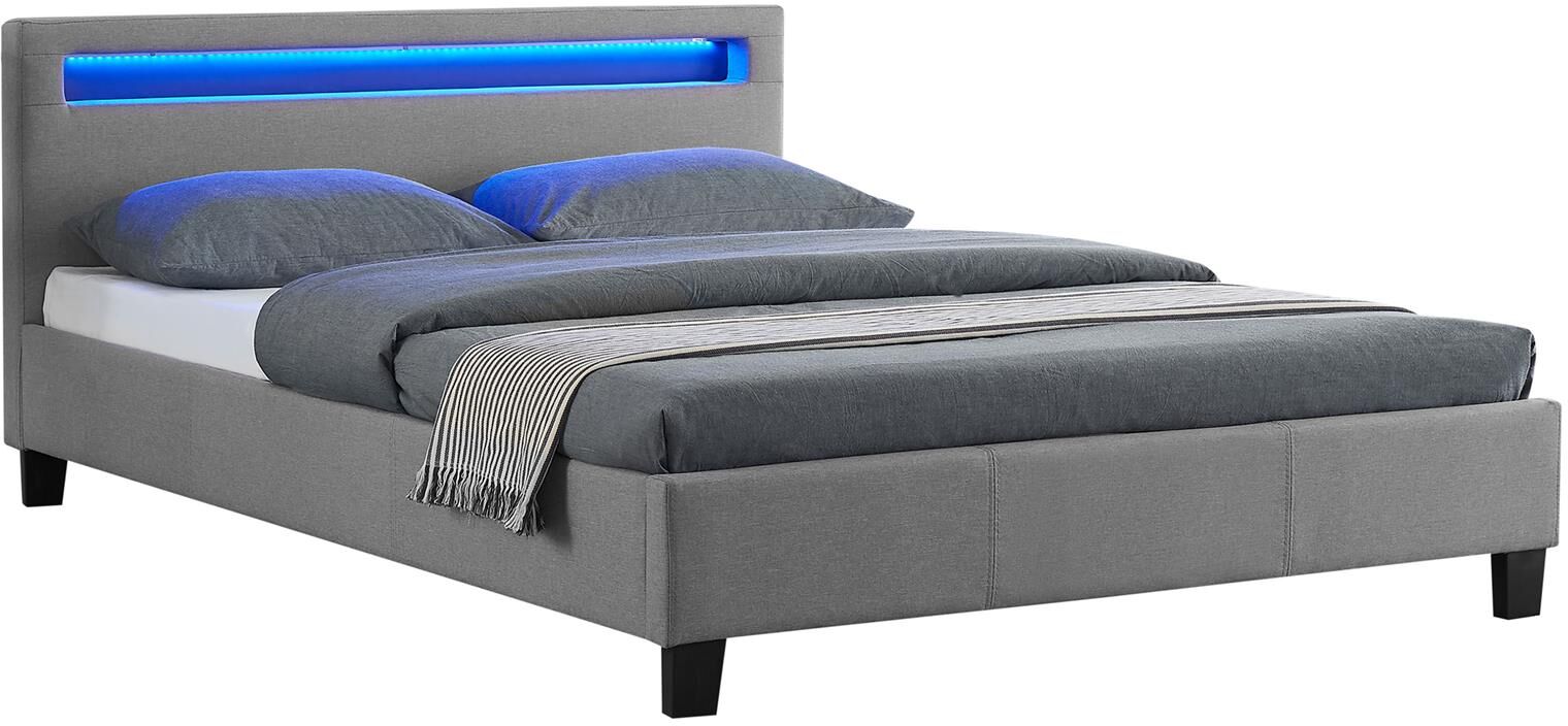 IDIMEX Lit double RIOJA, 140 x 190 cm, avec LED intégrées et sommier, revêtement en tissu gris