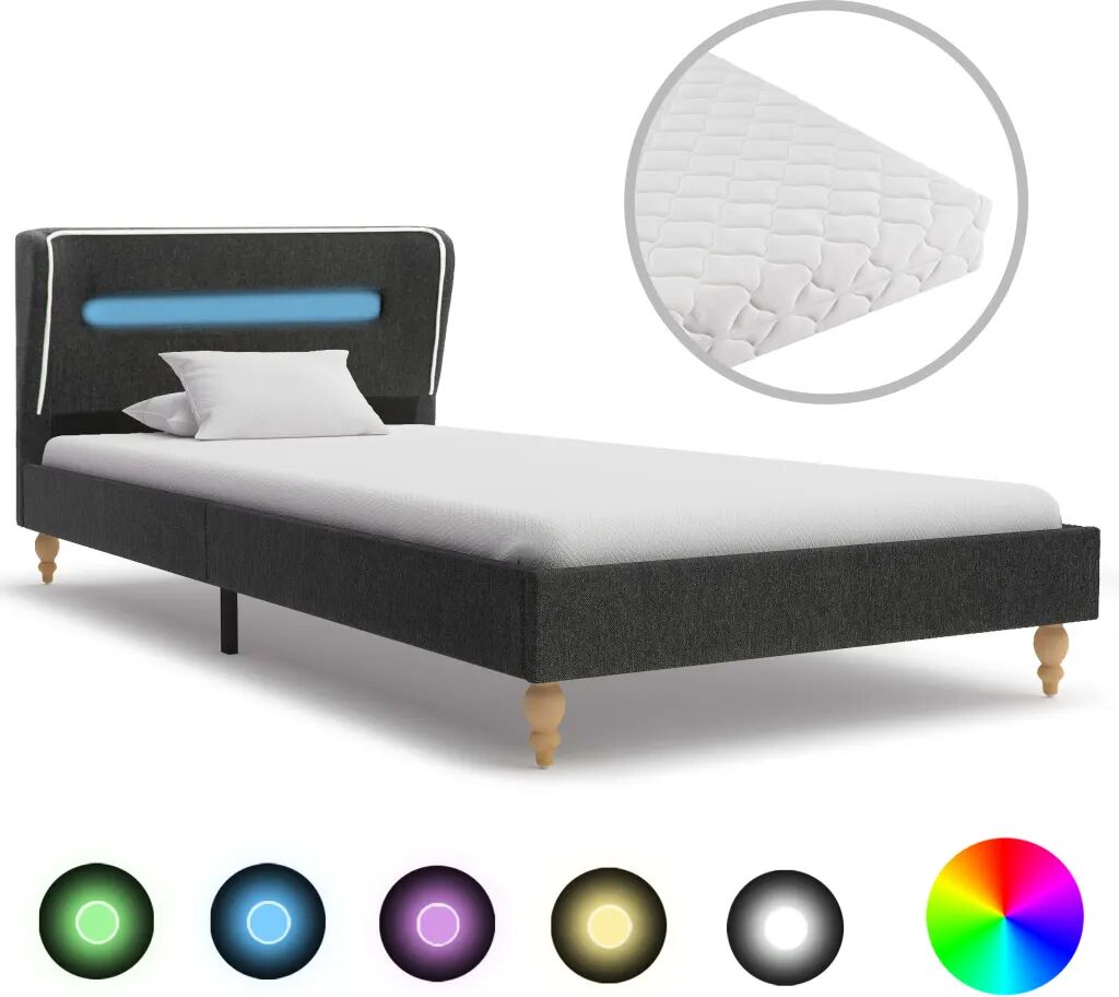 vidaXL Lit avec LED et matelas Gris foncé Jute 90 x 200 cm