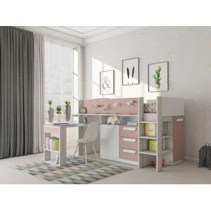 Vente-unique.ch Kombibett mit Matratze - 90 x 200 cm - Mit Schreibtisch & Stauraum - Rosa, Holzfarben & Weiß - LOUKALA