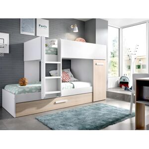 Vente-unique.ch Etagenbett Ausziehbett mit Stauraum + Matratzen - 3x 90 x 190 cm - Weiß & Naturfarben - ANTHONY