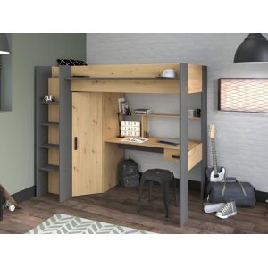 Vente-unique.ch Hochbett mit Schreibtisch + Kleiderschrank - 90 x 200 cm - Naturfarben & Anthrazit - AUCKLAND