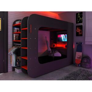 Vente-unique.ch Hochbett mit Gaming-Schreibtisch & Stauraum + LEDs - 90 x 200 cm - Anthrazit & Rot - WARRIOR