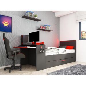 Vente-unique.ch Ausziehbett Gamer mit Schreibtisch & LEDs - 90 x 200 und 90 x 190 cm - Anthrazit & Rot - VOUANI