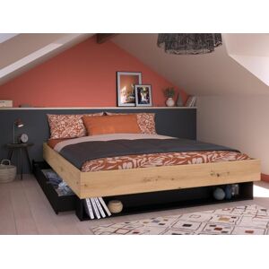 Vente-unique.ch Bett mit 1 Schublade & 1 Ablage + Lattenrost - 160 x 200 cm - Naturfarben & Schwarz - MISTA