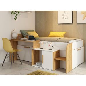 Vente-unique.ch Kombibett 90 x 200 cm mit Schreibtisch und Stauraum - Weiß und Naturfarben - PEDRO