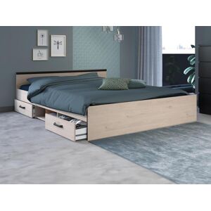 Vente-unique.ch Bett mit Stauraum 140 x 190 cm - 2 Schubladen und 1 Ablagefach - Holzfarben + Lattenrost + Matratze - PABLO