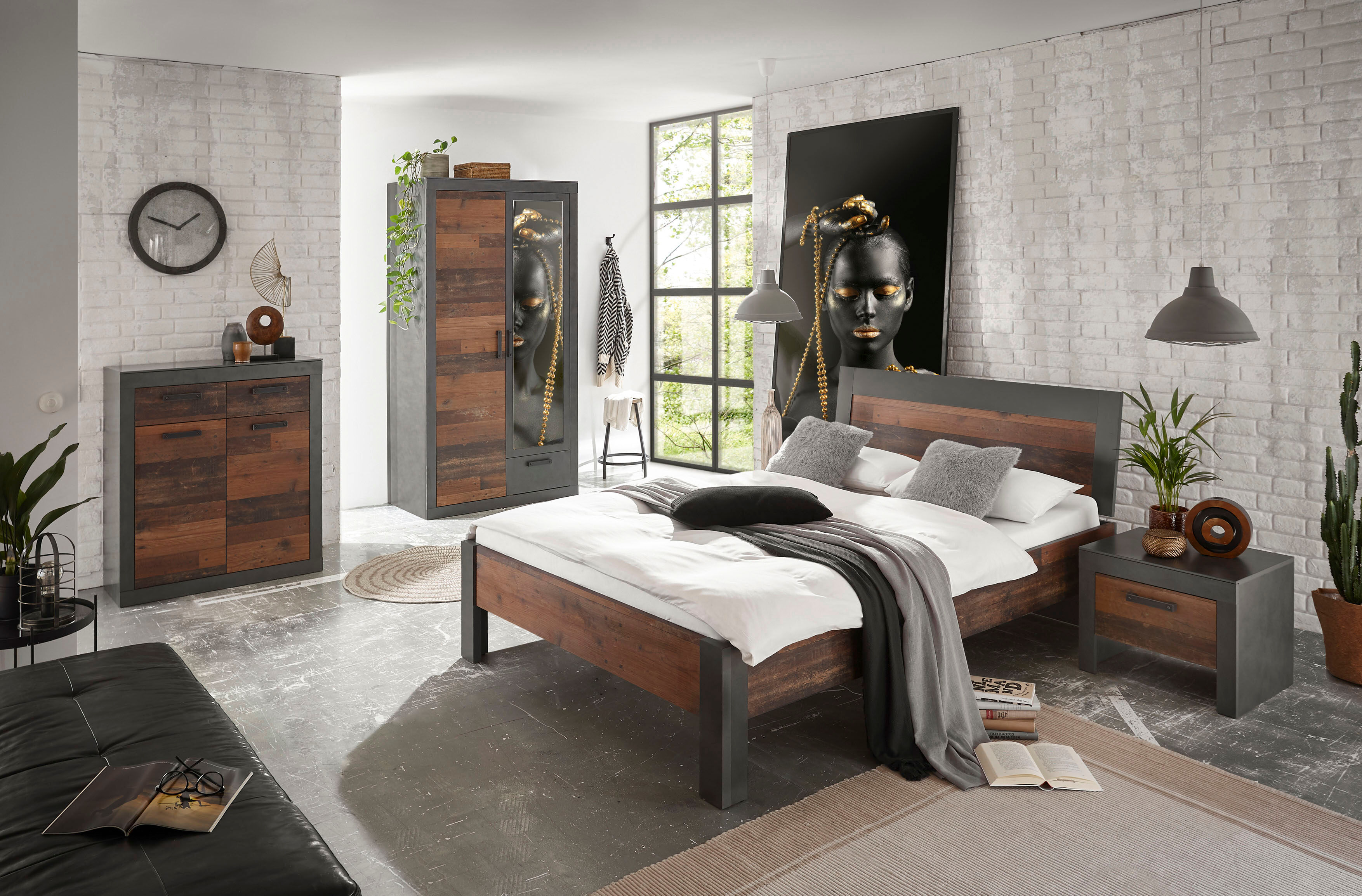 Home affaire Schlafzimmer-Set »BROOKLYN«, (Set, Einzelbett mit Holzkopfteil,... grau