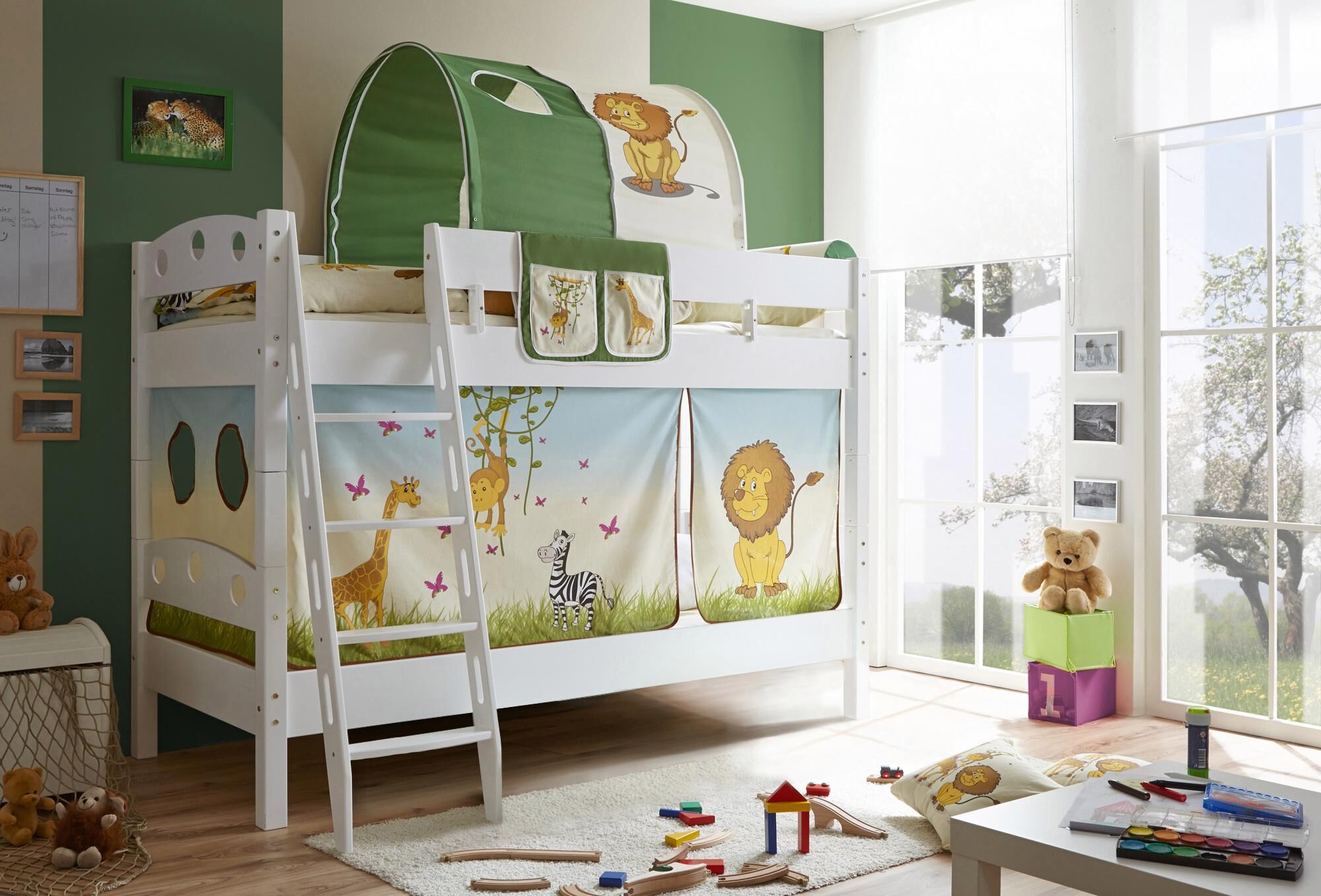 Ticaa Etagenbett »Kenny«, mit Rollrost und Textil-Set, Kiefer beige  Ausführung 3: mit Vorhang, Rollladenrost, Textil-Set und Matratze