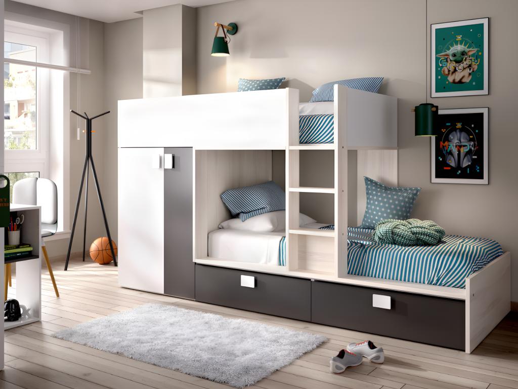 Vente-unique.ch Etagenbett mit Kleiderschrank JUANITO - 2 x 90 x 190 cm - Weiß, Eiche & Anthrazit