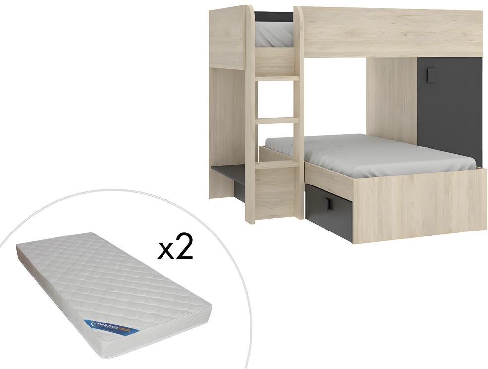 Vente-unique.ch Etagenbett mit Stauraum & Matratze RICARDO - 2 x 90 x 190 cm - Modulierbar - Eiche & Anthrazit