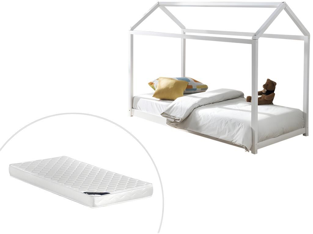 Vente-unique.ch Kinderbett Hausbett AVENTURIER - 90 x 190 cm - Kiefer - Weiß + Matratze