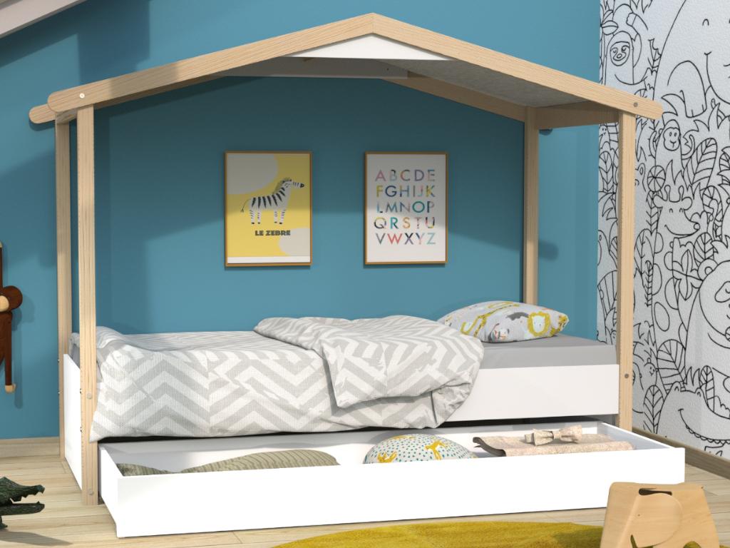 Vente-unique.ch Kinderbett Hausbett HOMYLAND mit Schublade - 90 x 190 cm - Weiß & Eiche