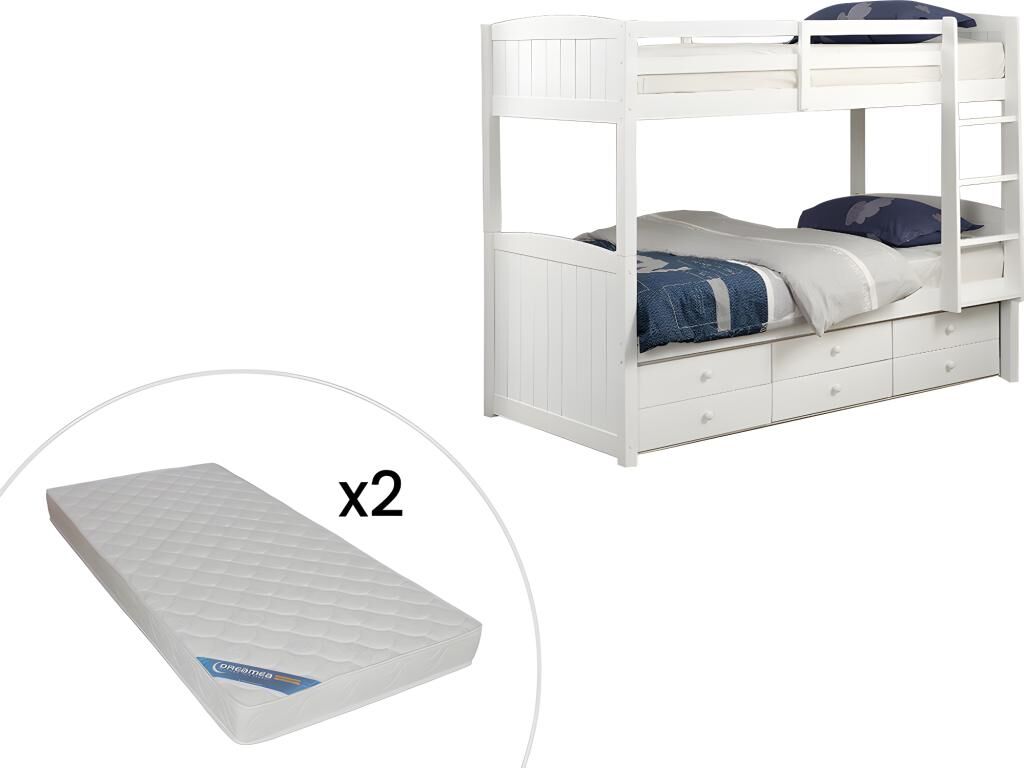 Vente-unique.ch Etagenbett Stapelbett Massivholz ANCHISE + Lattenrost - 2 x 90 x 190cm - Kiefer weiß + Matratzen