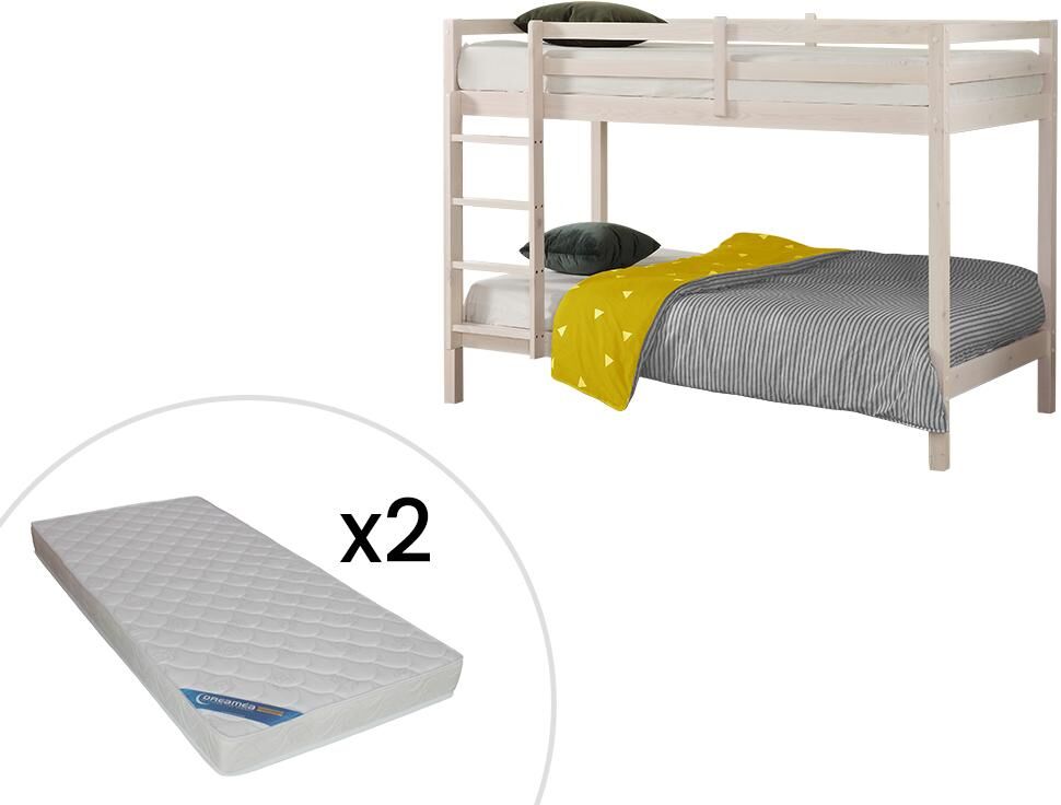 Vente-unique.ch Etagenbett ANICET II - 2 x 90 x 190 cm - Kiefer massiv - Geweißt + Matratzen