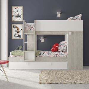 Toscohome Kletter-Etagenbett für zwei Kinder mit ausziehbarem Bett und Kleiderschrank in abgenutzter weißer Farbe