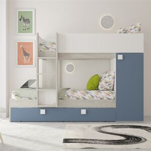 Toscohome Klettern Etagenbett für zwei Kinder mit ausziehbarem Bett und Kleiderschrank Farbe weiß abgenutzt und hellblau