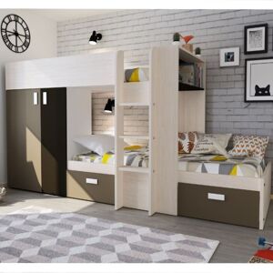 Toscohome Siesta Etagenbett für zwei Kinder mit Kleiderschrank und Schubladen Farbe weiß vintage beige und braun