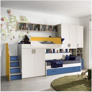 Toscohome Loft-Schlafzimmer mit 3 Betten Farbe kiri elfenbein und gelb - Milly