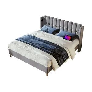 Merax Polsterbett Einzelbett mit USB Typ C Ladefunktion, Gepolstertes bett in Grau, 140 x 200 cm Bettrahmen - Leinen