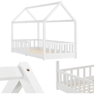 Kinderbett Marli 90 x 200 cm mit Rausfallschutz, Lattenrost und Dach - Massivholz Hausbett für Kinder - Bett in Weiß - Juskys